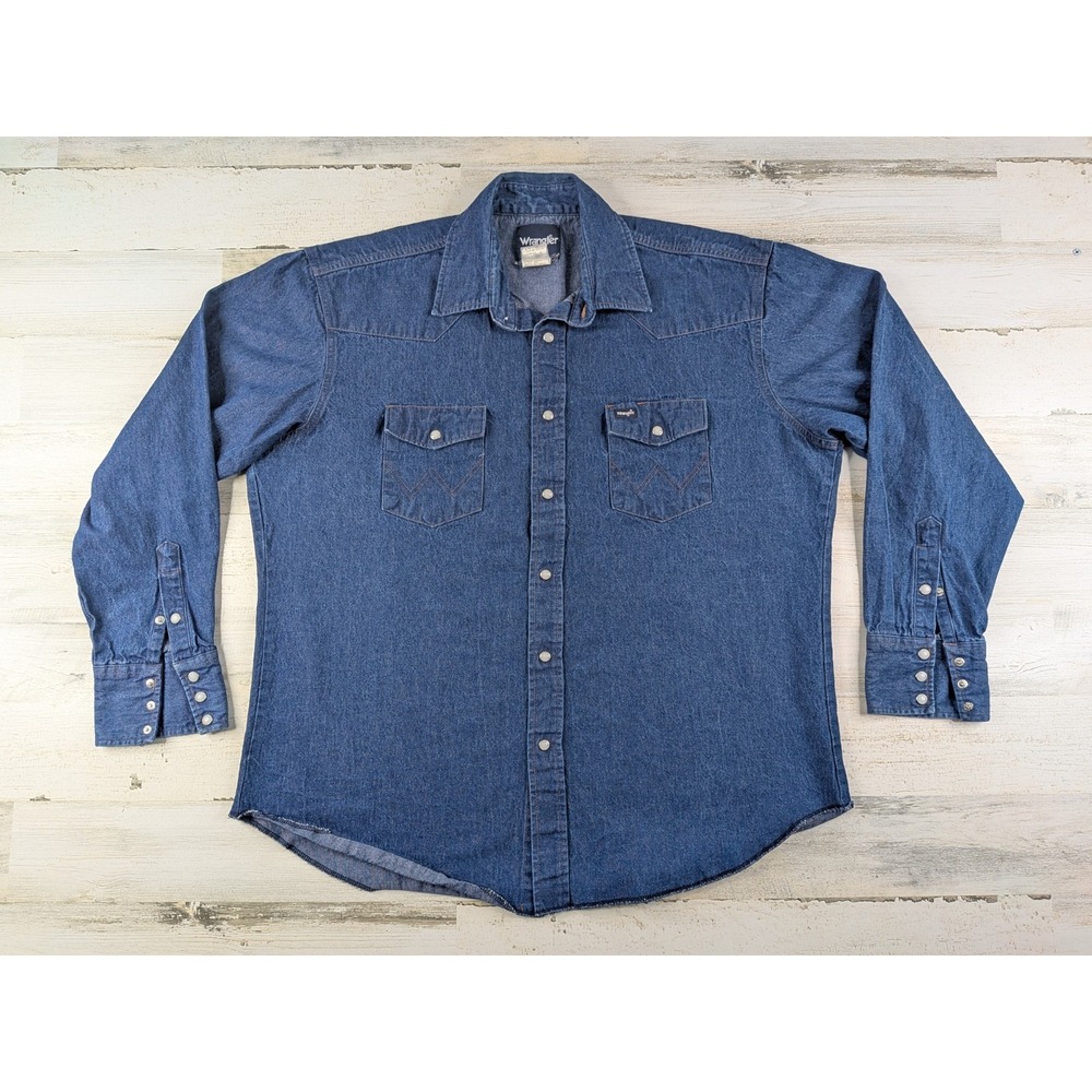 Vintage Wrangler Mens XL Denim Pearl Snap Western Shirt Blue Long Sleeve MS70119